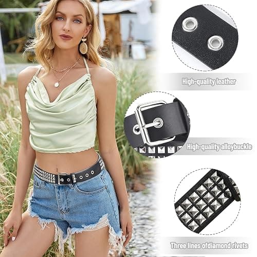 YOGEYOGE Black Studded Belt, 3 Pcs Y2K Belt Emo Girl Goth Punk Rock Double Grommet with Pyramid Scene for Women Men thumbnail 3