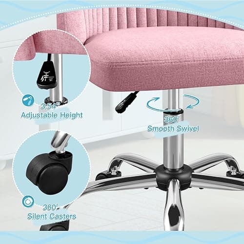 Furniwell Office Chair Armless Cute Desk Chair Modern Adjustable Swivel Vanity Task Computer Chair Home Office Desk Chairs with Wheels (Fabric, Pink) thumbnail 7