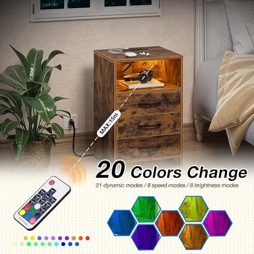 Seventable Nightstand with Wireless Charging Station and LED Lights, Modern End Side Table with 3 Drawers and Open Storage for Bedroom, Rustic Brown thumbnail 4