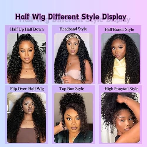 Glimeer Half Wig Human Hair Deep Wave 3 In 1 Drawstring Seamless Filp Over Curly Half Wig 200% Density Wear and Go Glueless Half Wigs for Black Women Natural Color 18 Inch thumbnail 6