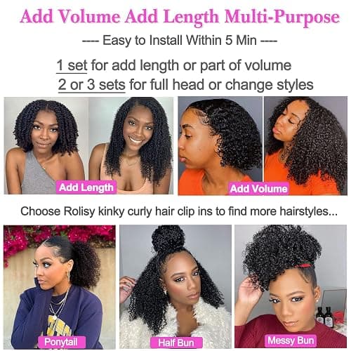 Kinky Curly Clip in Hair Extensions Human Hair 14 Inch 3C 4A Kinky Curly Hair Extensions Clip Ins for Black Women Double Weft Real Brazilian Remy Human Hair 7 Pcs with 24 Clips,Natural Black thumbnail 5