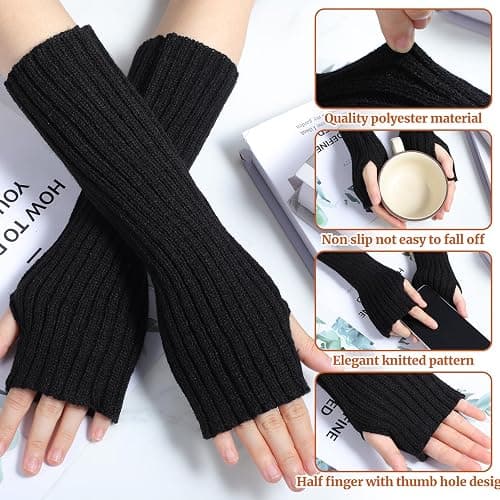 APLZGMG Black Y2K Arm Warmers, Black Long Fingerless Knitted Gloves with Thumb Hole, Harajuku Kawaii Punk Gothic Arm Sleeves for Women & Men, Grunge Accessories for Band Party Halloween Christmas thumbnail 3