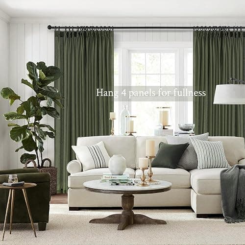 Pleated Linen Curtains 105 Inches Long for Living Room 2 Panel Set Olive Green Semi Sheer Light Filtering Pinch Pleat with Hooks Back Tab Drapes Neutral Boho 105 Inch Curtain for Bedroom Window thumbnail 2