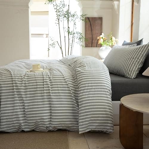 XINMIANFANG Striped Duvet Cover Set Full Size 3 Piece 100% Washed Cotton Linen Feel Bedding Comfy Breathable Modern Farmhouse (Full, Double Stripe-White/Black) thumbnail 3