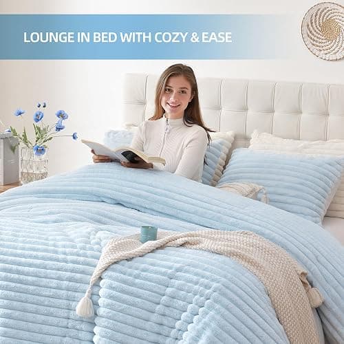 Smoofy Fluffy Queen Size Comforter 3 PCS - Light Blue Fleece Bedding Set | Luxury Fuzzy Plush & Super Soft Bed Set All Season, Heavy Cozy Warm Faux Fur Stripe Comforter with 2 Pillow Cases thumbnail 6