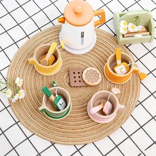 Benhurb Wooden Tea Set for Toddlers, Childrens Tea Party set for Kids, Afternoon Teapot Coffee Kitchen Accessories Pretend Role Play Food Toys Birthday for 3 4 5 Years Old Girls Boys thumbnail 5