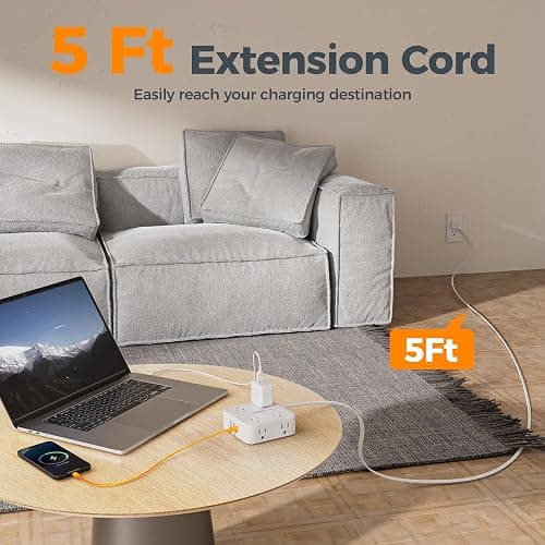 TESSAN Flat Plug Extension Cord, 5 Ft Surge Protector Power Strip with 3 USB (1 USB C) 8 Outlets, 900J Surge Protection, 3 Sided Outlet Extender with Power Switch for Dorm Room Essentials, White thumbnail 2