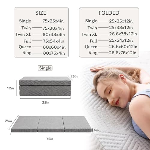 MLILY Tri-Fold Memory Foam Mattress Topper, 4 inch Single Folding Mattress with Collapsible and Washable Cover, Travel and Guest Mat, 75"×25"×4", Grey thumbnail 2