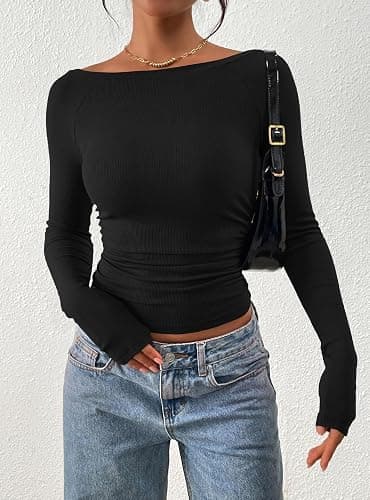 PRETTYGARDEN Long Sleeve Shirts for Women 2025 Fall Ruched Sides Boat Neck Basic Tee Casual Fitted Ribbed Knit Crop Tops thumbnail 3