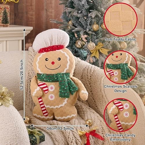 Lanpn Christmas Gingerbread Man Pillows, Christmas Decoration Winter Soft Fleece Cute Ginger Bread Throw Cushion for Sofa Bedroom Xmas Decor (20.5x13.5 inch, Boy) thumbnail 3