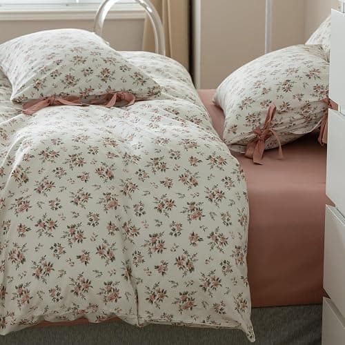 VM VOUGEMARKET Pink Flower Duvet Cover Set Twin 3 Pieces Girls Cottagecore Bedding Set 100% Cotton Peach Floral Comforter Cover with Zipper Closure,Vintage Country Bedding-68x86 Inch thumbnail 2