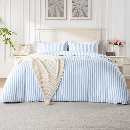 ROSE&RISY Blue Queen Duvet Cover Set, 3 Pieces Soft Bedding Queen Set, Breathable and Cooling,Includes 1 Duvet Cover, 2 Pillow Cases (Blue Stripe, Queen) - Image 1
