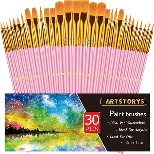 Paint Brushes Set, 30 Pcs Paint Brushes for Acrylic Painting, Oil Watercolor Acrylic Paint Brush, Artist Paintbrushes for Body Face Rock Canvas, Adult Drawing Arts Crafts Supplies, Pink - Image 1