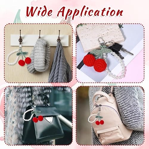 Apausvcm Cherry Pearl Keychain, Kawaii Cherry Crochet Key Chains Accessories Handmade Weaving Cute Car Rearview Mirror Hanging Accessories Bag Purse Charms for Handbags Backpack Women Girls Gift thumbnail 7