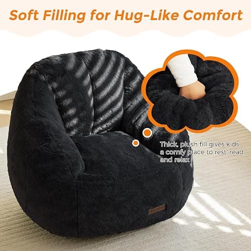 MAXYOYO Kids Bean Bag Chair, Comfy Bean Bag Sofa with Back Support, Faux Fur Cute Chair for Boys and Girls, Stuffed Floor Sofa for Nursery, Bedroom, Black thumbnail 8