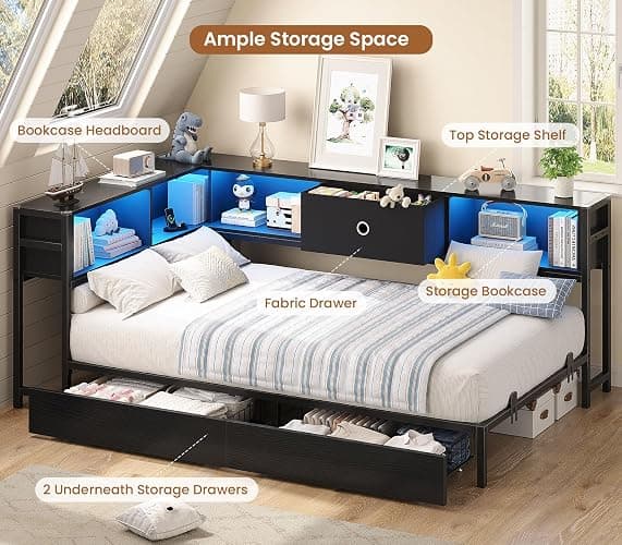 Hasuit Twin Corner Bed Frame with Storage Drawers and Bookcase Headboard, Twin Size Metal Platform Corner Bed Frame with Charging Station and LED Lights, Twin Daybed for Kids Teens Guests, Black thumbnail 4