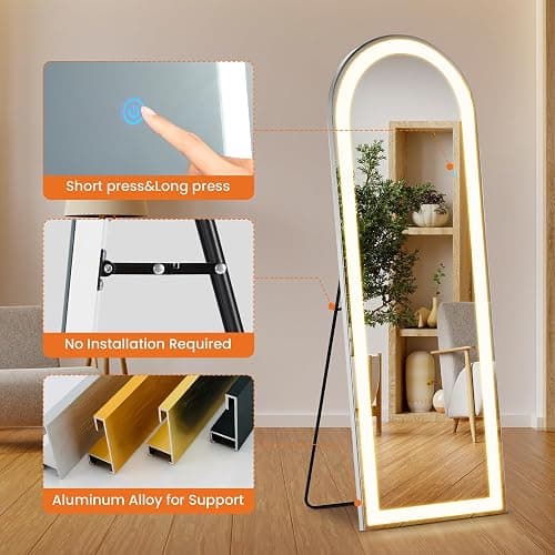 Arched Full Length Mirror with LED Lights, 63"x20" Body Floor Mirror with Dimming & 3 Color Lighting, LED Mirrors for Home Decor, Tall Arch Aluminum Frame Mirrors for Bedroom Cloakroom thumbnail 7