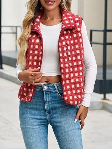 Tankaneo Womens Checkered Sherpa Vest Fleece Fuzzy Zip Up Sleeveless Jacket Casual 2025 Winter Warm Outwear thumbnail 4
