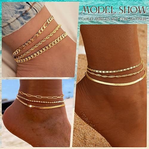 iF YOU Gold Ankle Bracelets for Women, 14k Gold Plated Waterproof Cuban Link Chain Anklets Set, Layered Anklet Bracelets for Women Beach Gift Adjustable Size 5pc thumbnail 2