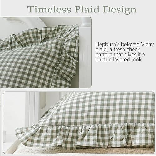 Qilunn 2 Pack Sage Green White Plaid Ruffle Pillow Shams Standard Size 20x26 inches, 100% Cotton Gingham Checkered Farmhouse Pillowcases for Bed/Sofa (20x26 inches, Sage Green/White Plaid) thumbnail 6