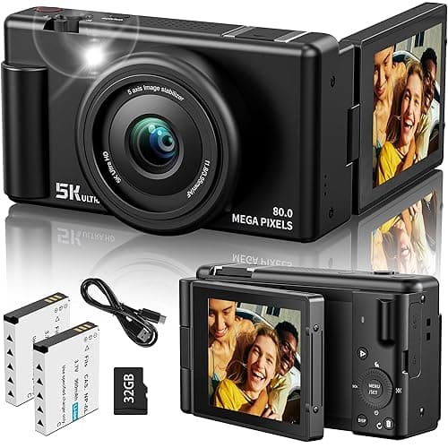True 5K Digital Camera for Photography, Autofocus 80MP with 18X Digital Zoom 3" 270°Flip Screen Dual-Lens Selfie Camera for YouTube Vlogging & Content Creation, 2 Batteries, 32GB Card & Flash，Black - Black