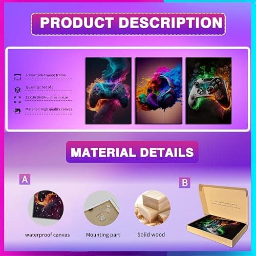 BGFCE Gaming Room Decor Canvas Wall Art Set of 3 - Cool Video Gaming Theme Wall Decor, Gamer Paintings Picture Print for Teen Boys Room 12x16 inch Framed thumbnail 3