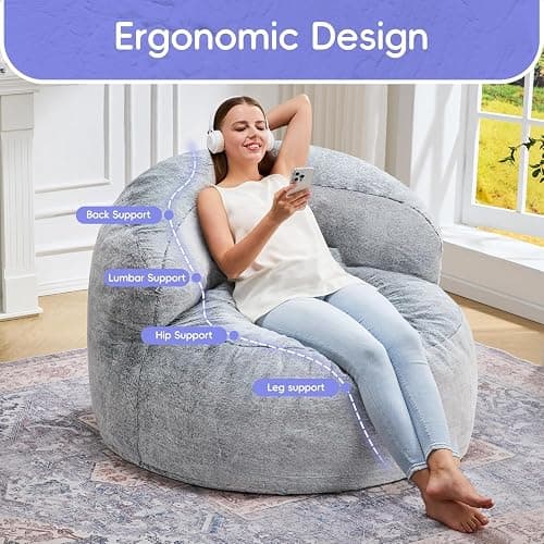 Hobestluk Giant Memory Foam Bean Bag, No-Assembly, Plush Grey Single | High Density Memory Foam, Washable & Removeable Cover, Durable Zipper, Skin Friendly Fabric, Soft Faux Fur, No Assembly thumbnail 3