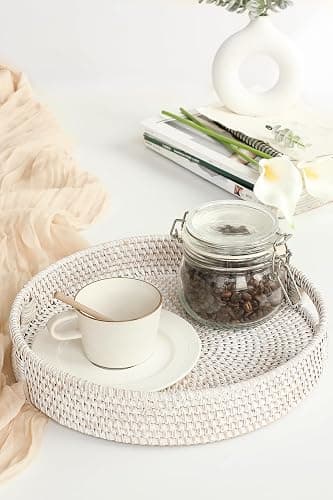 HITOMEN 11.8" Hand-Woven Round Rattan Serving Tray Decorative Wicker Trays with Handles for Coffee Table (Whitewash-M) thumbnail 4