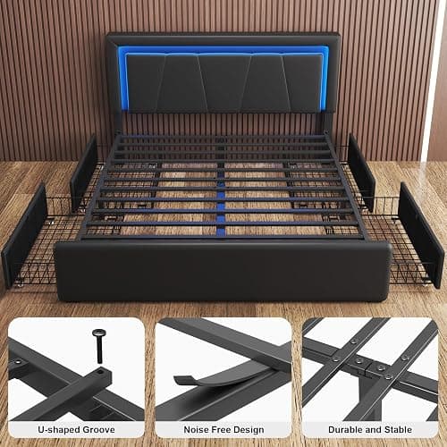 Queen Size Bed Frame with 4 Storage Drawers and LED Lights, Upholstered Platform Bed with Adjustable Headboard and Charging Station, Metal Slats Support, No Box Spring Needed,Easy Assembly, Black thumbnail 9