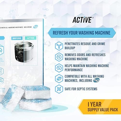 ACTIVE Washing Machine And Dishwasher Cleaning Tablets Bundle - Includes 12 Month Supply Dishwasher Cleaner Deodorizer & Washing Machine Descaler Deep Cleaning Tablets - 48 Tablet Set thumbnail 3