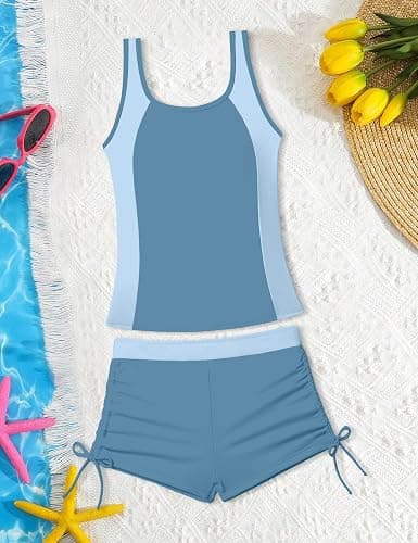 HOTOME Girls Swimsuit Two Piece Color Block Adjustable Strap Tankini Sets with Drawstring Shorts Bathing Suit for Girls 9-16Y thumbnail 5