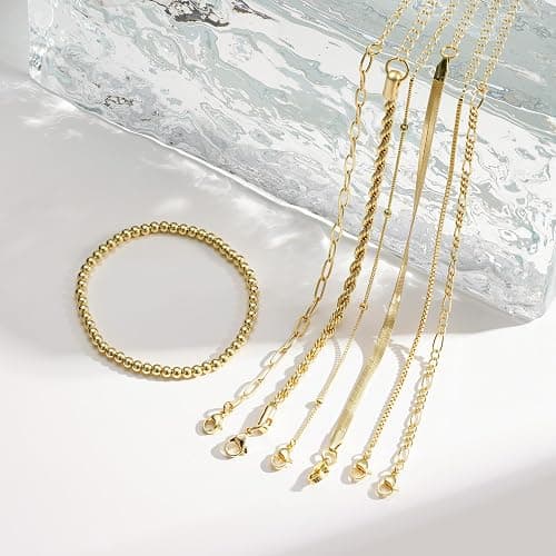 M MOOHAM Mothers Day Gifts, 7PCS Gold Bracelets for Women - 14K Real Gold Plated Beaded Bracelets Set Rope Paperclip Chain Stackable Bracelet Non Tarnish, Friendship Birthday Jewelry Gifts for Women thumbnail 4