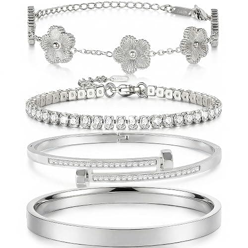 Camhanno Silver Bracelets for Women-4Pcs 18K Gold Plated Love Bangle Tennis Clover Nail Bracelets Stack Set for Women Trendy Non Tarnish Stainless Steel Gold Bangles Accessories Designer Jewelry - Image 1