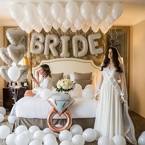 Cream White Bridal Shower party decorations with huge 40 Inch BRIDE letter Pearl Balloons BRIDE to be Sash Bridal Veil and Diamond Ring Heart shape Balloons For Bachelorette party Wedding supplies thumbnail 2