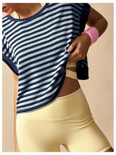 Floerns Women's Open Back Workout Top Striped Short Sleeve Gym Athletic Running Tees thumbnail 4