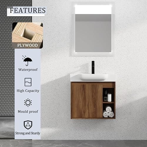 KEIKI 24'' Bathroom Vanity Cabinet with Ceramic Sink & Open Shelf, Wall Mounted Floating Bathroom Vanity with Soft-Close Cabinet Door, for Small Bathroom, Brown Ebony - 24" thumbnail 3