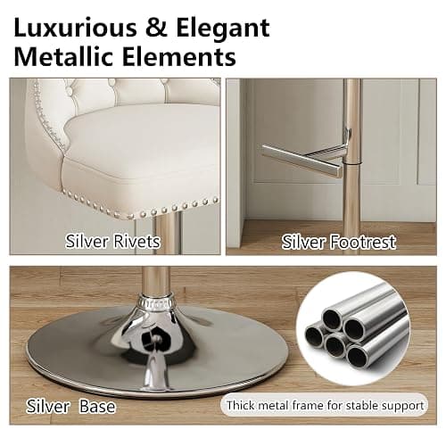 Swivel Bar Stools Set of 4, Velvet Height Adjustable Counter Chairs,Beige | Upholstered Modern Barstools with Button Tufted Back & Silver Footrest, For Dining Room Kitchen Island thumbnail 5