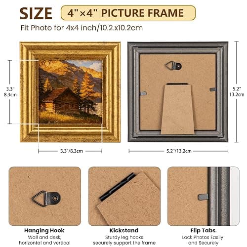 4x4 Picture Frame Set of 2, Vintage Gold Plastic Retro Farmhouse Style with Acrylic Front for Wall and Tabletop Display, Rustic Photo Gallery Decor for Home Office Desk Shelf Housewarming Wedding Gift thumbnail 3