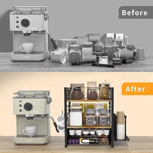 VIPLEEO Coffee Bar Organizer - 4 Tier Coffee Station Organizer for Countertop, Coffee Bar Storage with 4 Hooks, with K Cup Storage Drawer and Cup Holder, Multifunctional Shelf for Accessories Kitchen thumbnail 6