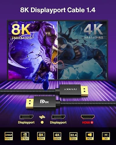 IVANKY VESA Certified 8K DisplayPort Cable 1.4, 6.6ft DP Cable Supports HDR | Display Port Cable, 8K@60Hz, 4K@240Hz, 2K@240Hz, HBR3, 32.4Gbps, HDCP 2.2, FreeSync G-Sync, for Gaming Monitor, Graphics, PC thumbnail 3