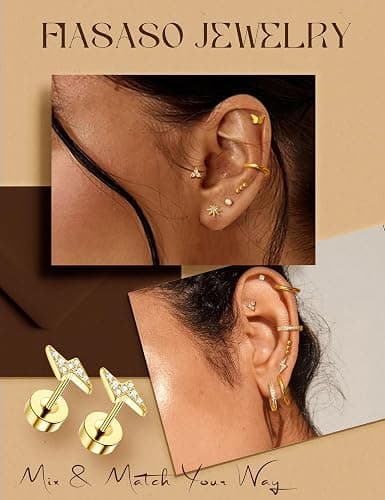 FIASASO Flat Back Gold Earrings for Women Trendy Hypoallergenic Surgical Steel Earrings for Sensitive Ears-20G Cartilage Earring Stacks 14K Gold Plated Small Flatback Stud Hoops Cartilage Earring Set thumbnail 9