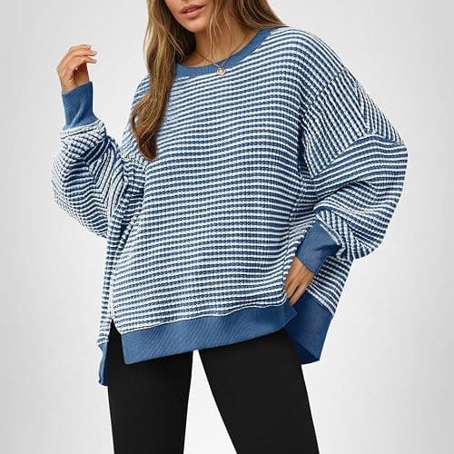 Fisoew Women's Fall Oversized Sweatshirt Casual Waffle Knit Long Sleeve Crewneck Split Pullover Tunic Tops thumbnail 7