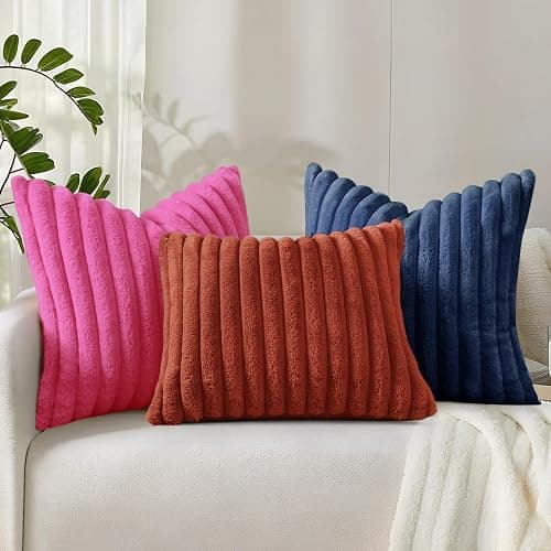decorUhome Faux Fur Christmas Throw Pillow Covers 18x18 Set of 2, Decorative Soft Plush Striped Neutral Couch Euro Pillow Covers with Velvet Back for Sofa, Bed, Living Room Home Decor, Blue thumbnail 9