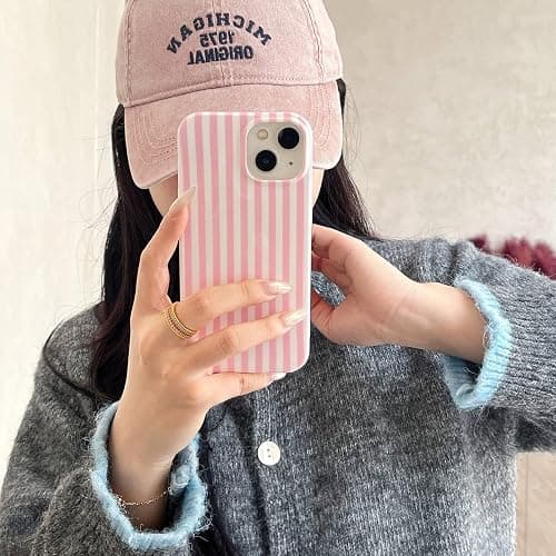 Pink Striped Cute Phone Case for iPhone 13/iPhone 14 6.1",Aesthetic Trendy Retro Stripe Pattern Chic Pretty Classic Protective Cover for Girls Women,Pink and White thumbnail 2