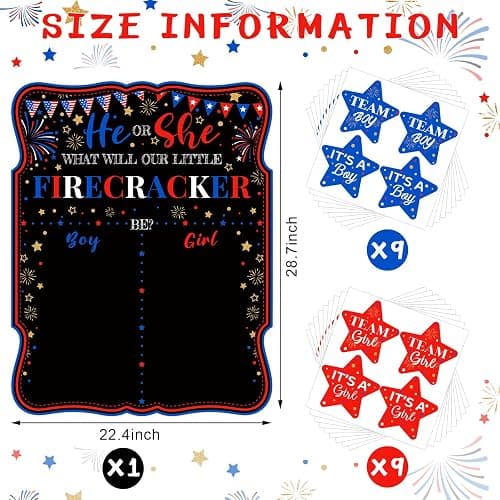 4th of July Patriotic Gender Reveal Poster Sign Party Supplies Decorations with 72 Pcs He or She Stars Firecracker Gender Reveal Sticker Labels for Summer Baby Shower Gender Reveal Decorations thumbnail 3