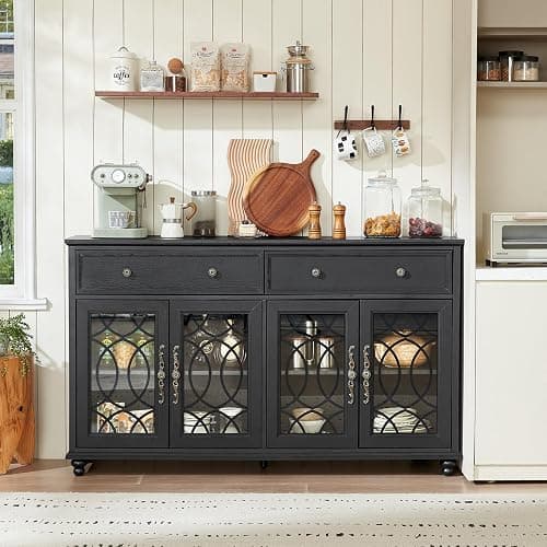 Joaxswe Farmhouse Sideboard Buffet Cabinet with Storage,59" Large Credenza with 4 Glass Doors & 2 Drawers,Adjustable Shelves Console Table,Wood Kitchen Coffee Bar for Dining Room,Living Room,Black thumbnail 3
