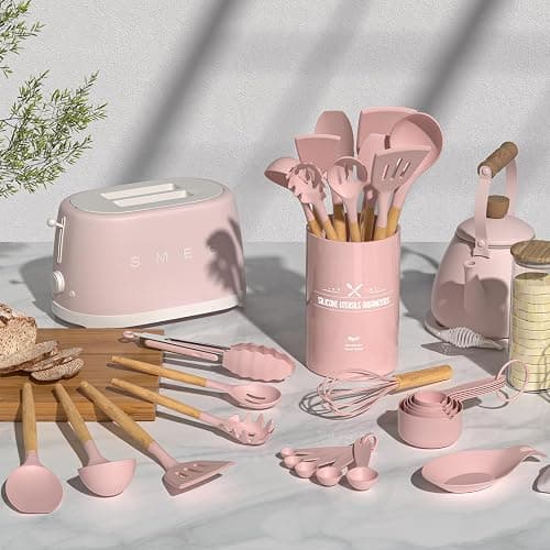Umite Chef Silicone Kitchen Utensils Set, 33 Piece Non-Stick Kitchen Utensils with Stand, Wooden Handle, Pink thumbnail 2