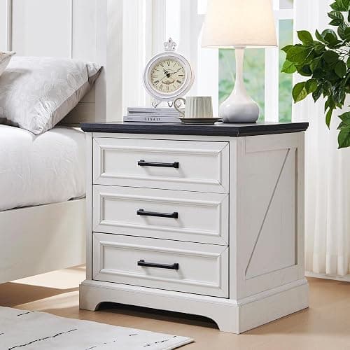 ACCOHOHO Farmhouse Nightstand with Charging Station, 22 Inch Wide End Table with 3 Large Drawers & Bar Handles, Rustic Wood Small Dresser Chest of Drawers for Bedroom, Living Room, Closet, Off White - Image 1