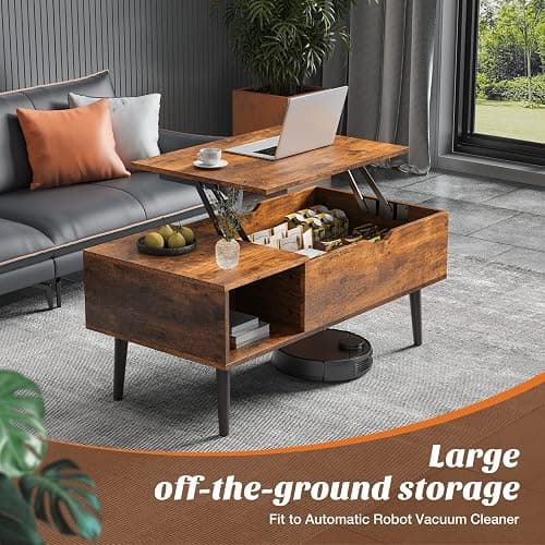Sweetcrispy Lift Top Coffee Tables for Living Room, Small Rising Wooden Center Tables with Storage Shelf and Hidden Compartment, Brown | Lift Top, Coffee Tables, for Living Room, Rising, Dining Center Tables, with Storage Shelf thumbnail 4