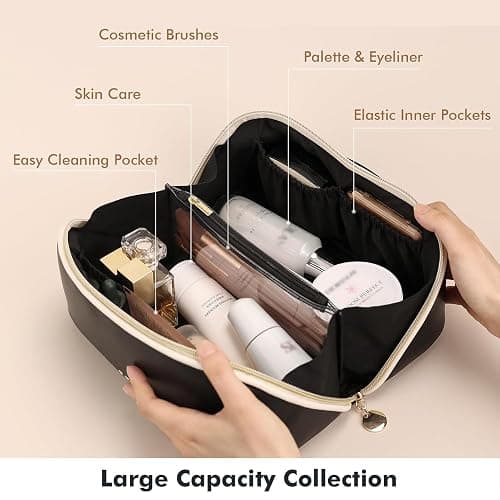 Prite Makeup Bag for Women Travel Waterproof Vegan Leather Cosmetic Bag Open Flat Toiletry Bag With Clear Divider and Handle (Black) - Black - Medium thumbnail 4